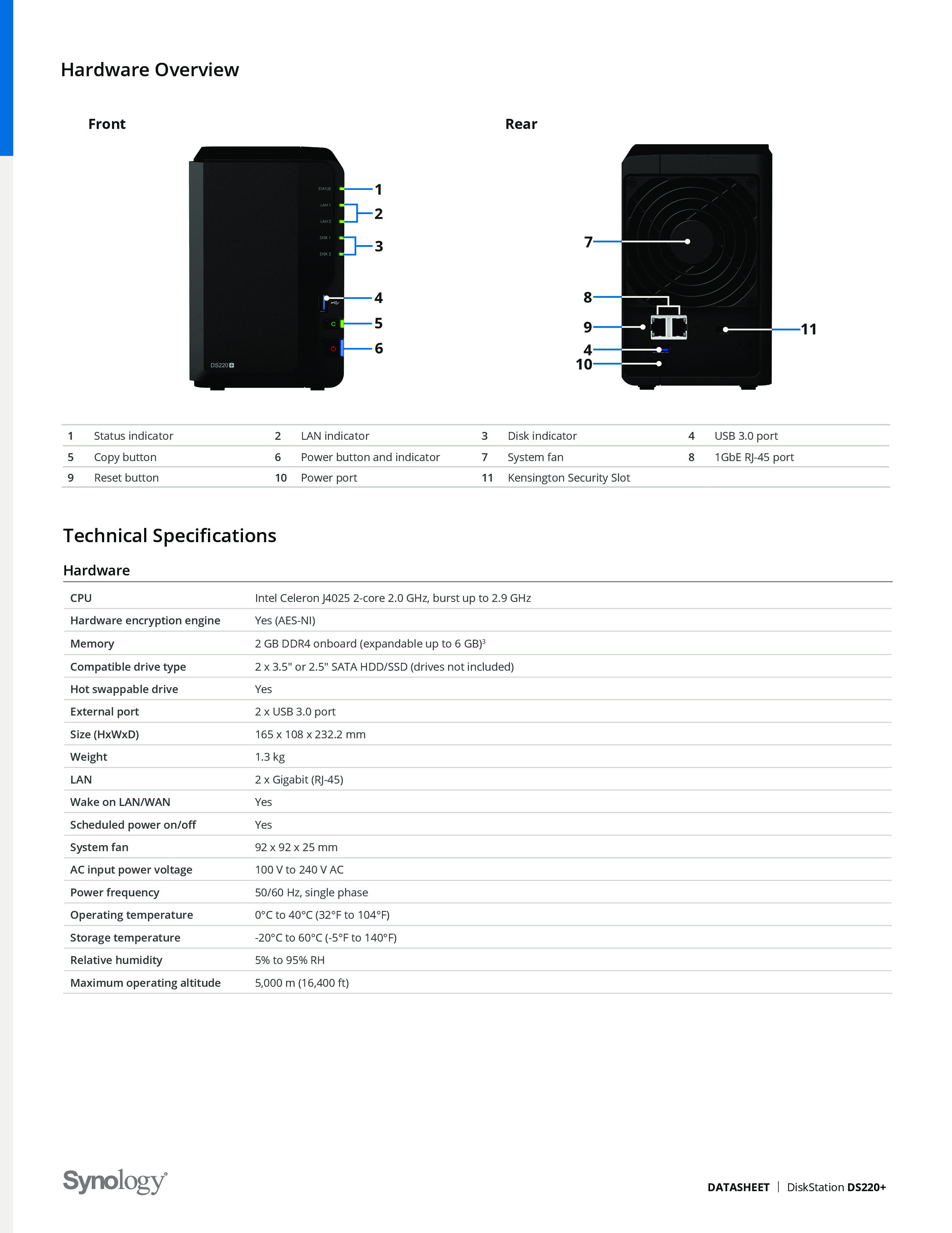 Synology DiskStation DS220+ 2 Bay 3.5" Diskless 2xGbE NAS (HMB) Intel